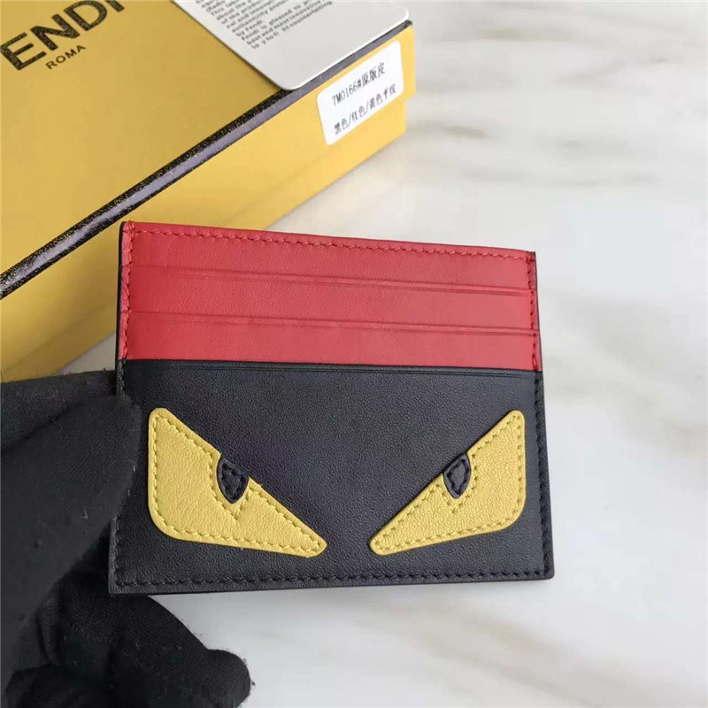 FENDI 芬迪 0166 升級版小怪獸眼睛柔軟平紋皮卡片夾 紅黑拼色黃眼